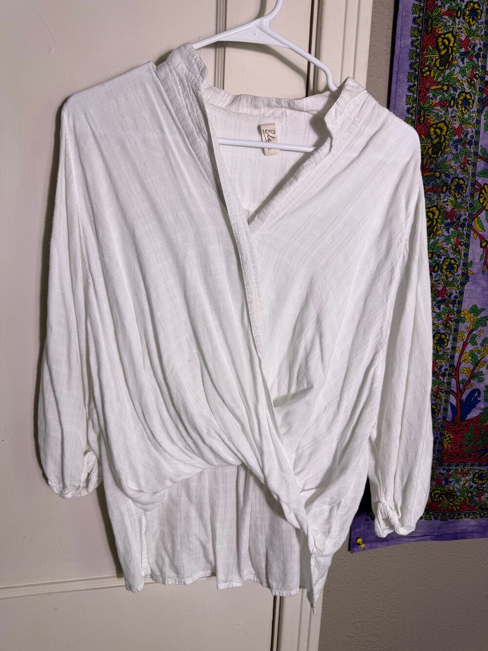 Elan White 100% Rayon Draped Wrap Front Blouse Boho Tunic Top Large